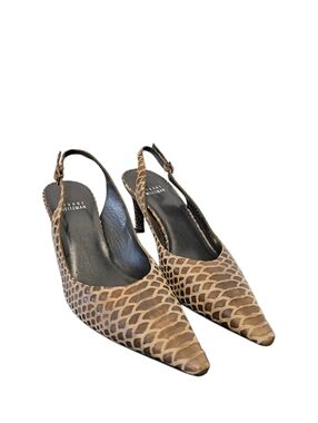 Stuart Weitzman Leather Taupe Snakeskin Slingback Pumps 3 Inch Heel Size 6.5M